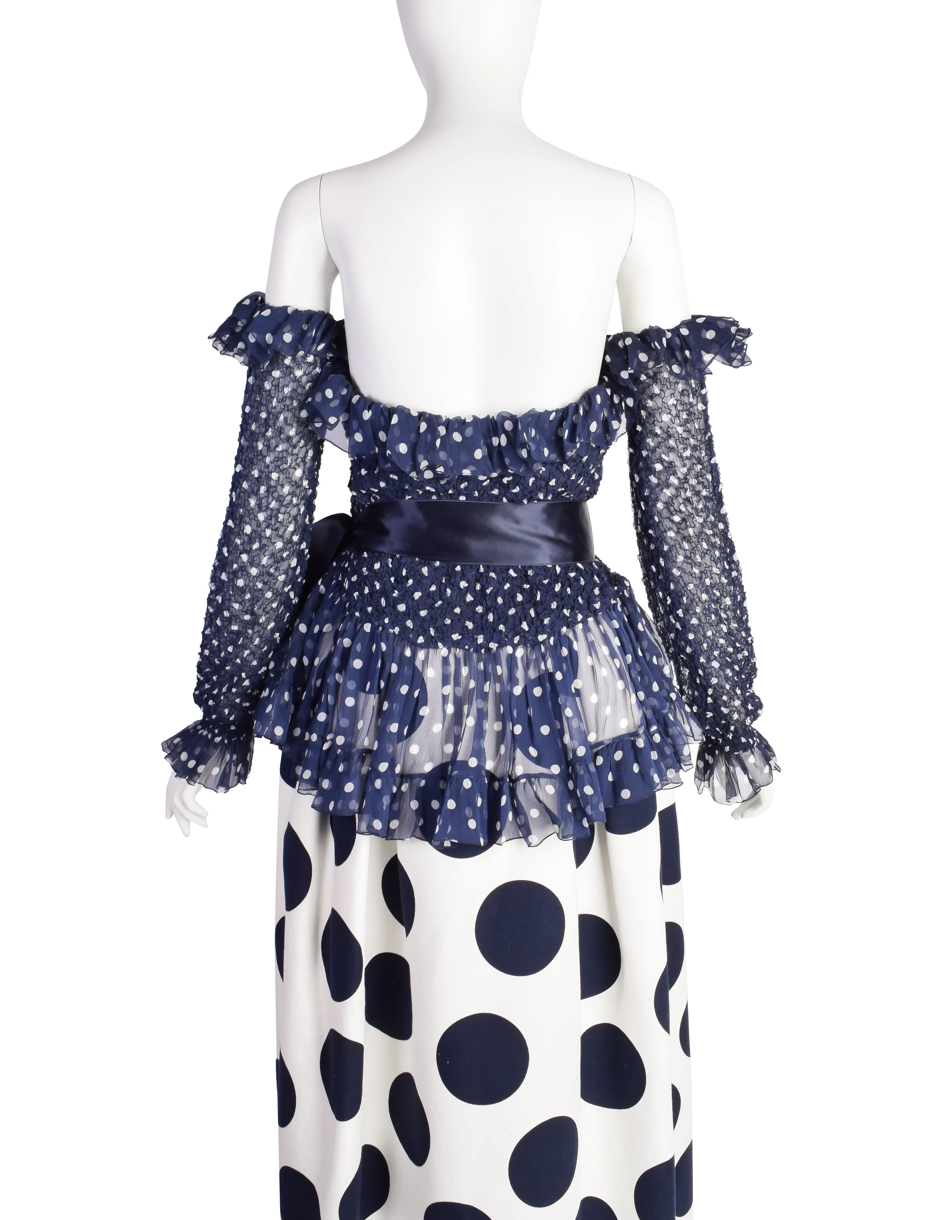 Yves Saint Laurent Vintage SS 1992 Haute Couture Navy Blue White Polka Dot Smocked Chiffon Gown