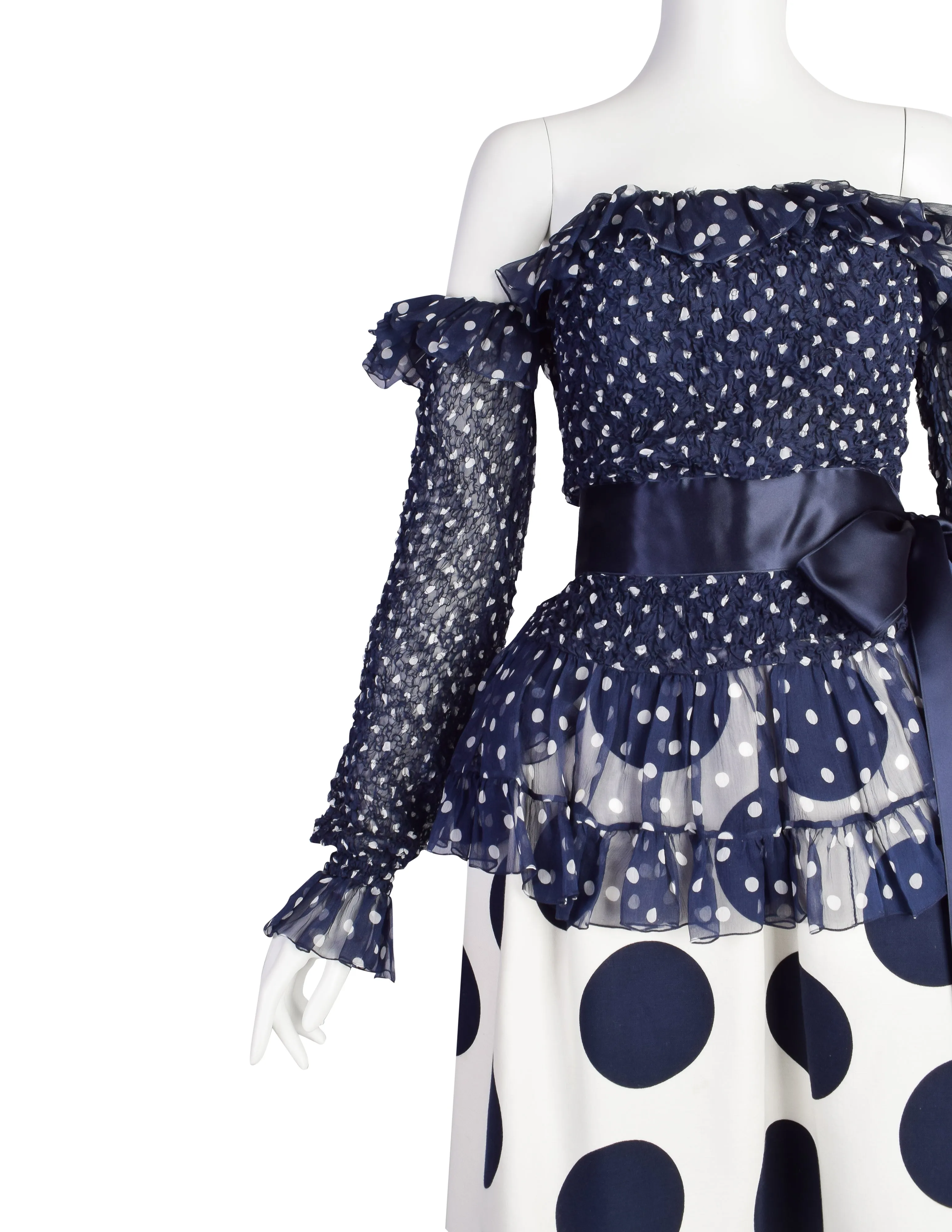 Yves Saint Laurent Vintage SS 1992 Haute Couture Navy Blue White Polka Dot Smocked Chiffon Gown