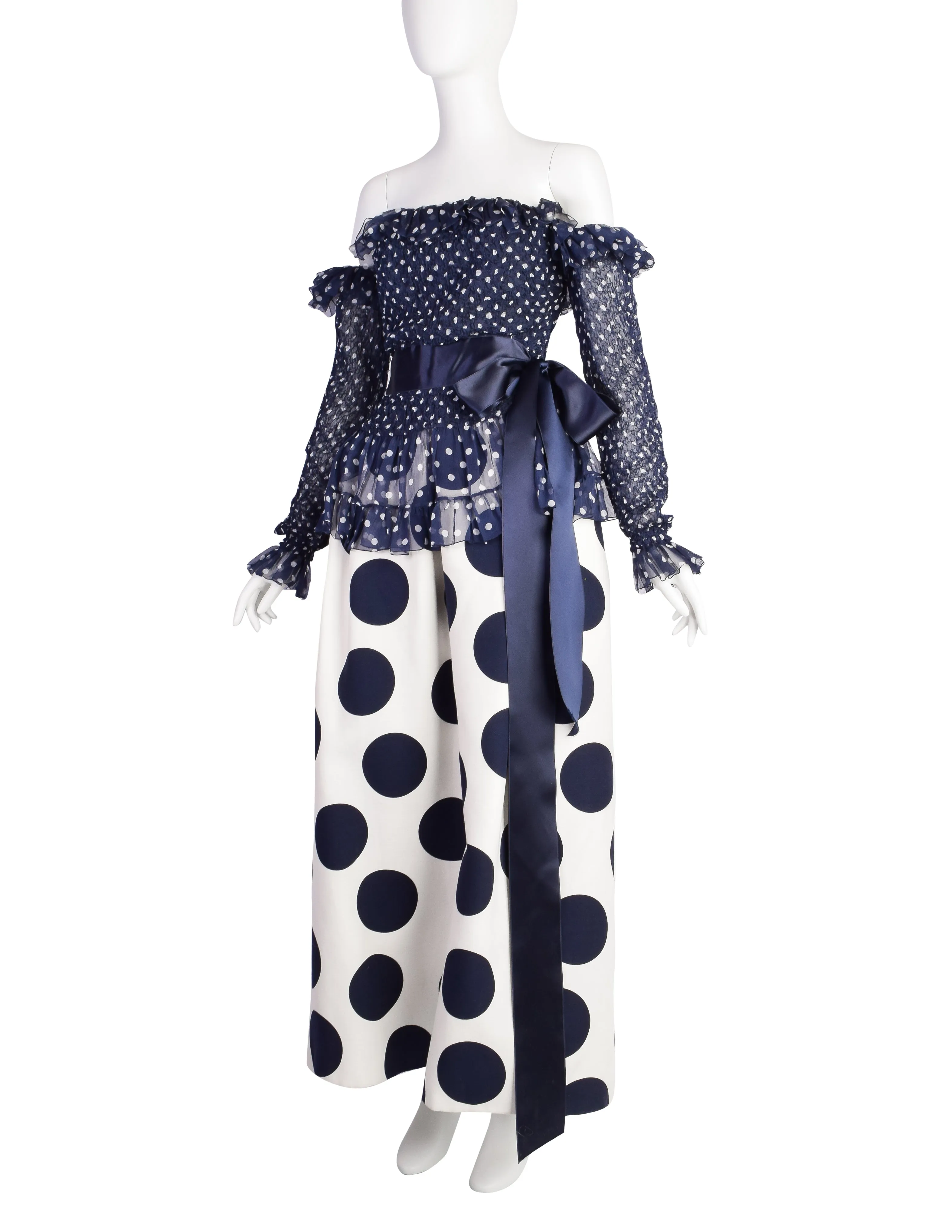 Yves Saint Laurent Vintage SS 1992 Haute Couture Navy Blue White Polka Dot Smocked Chiffon Gown