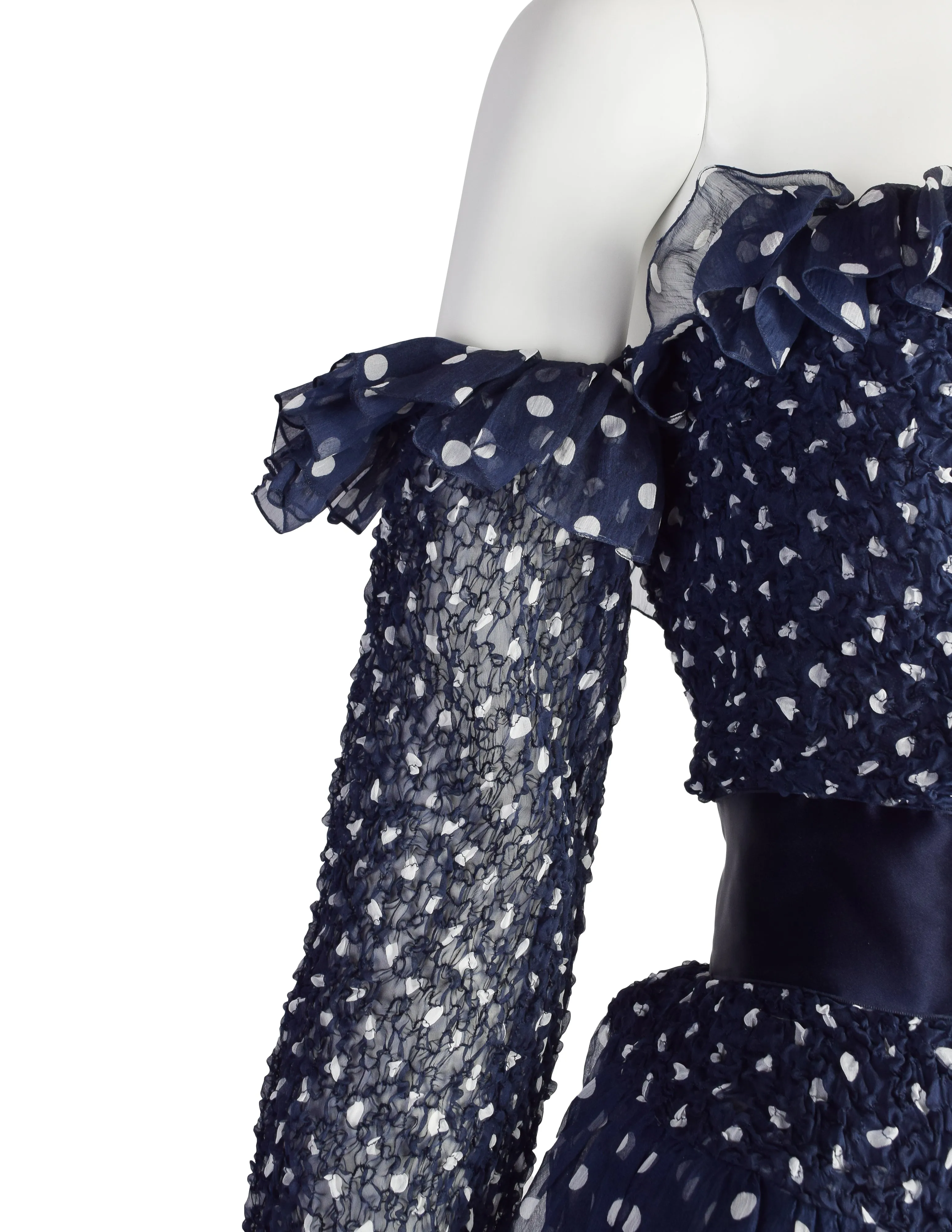 Yves Saint Laurent Vintage SS 1992 Haute Couture Navy Blue White Polka Dot Smocked Chiffon Gown